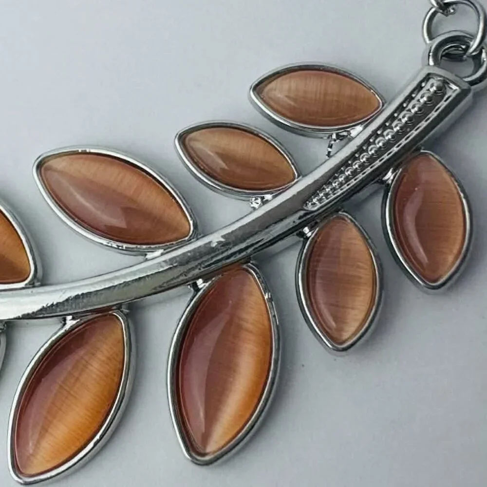 Silver & Amber Leaf Necklace • Nature Inspired Bib Necklace -‎ Boho Fashion